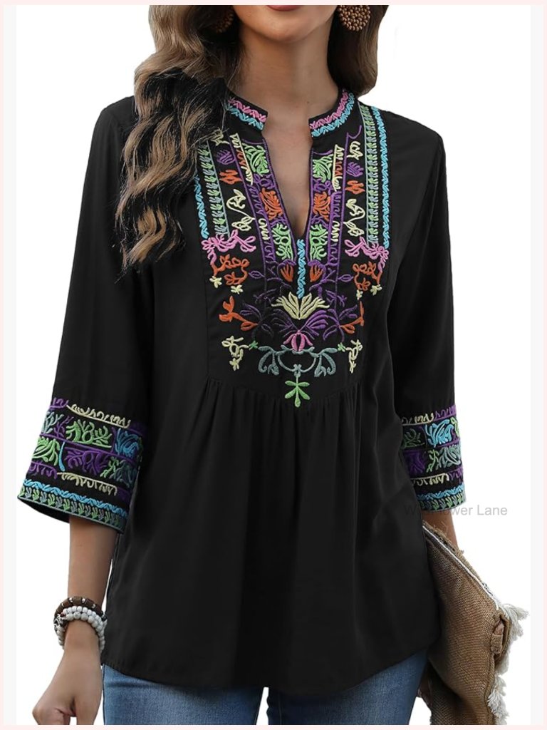 Embroidered Peasant Blouse 3/4 Sleeve Boho Tunic V-Neck Loose Fit